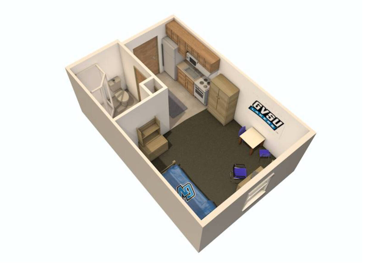 Winter Hall single apartment layout with one bedroom, a kitchen, and bathroom.